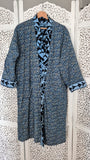 Uma embroidered reversible jacket. Blue with black embroidery. Lång vändbar broderad kappa.