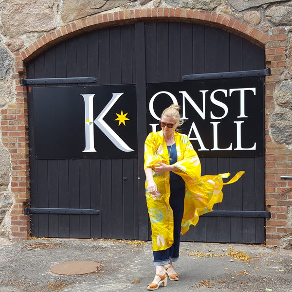 BETTY & UMA UPCYCLED COLLECTION - Betty long kimono/indian robe yellow, gulmönstrad #007