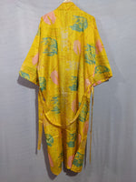 BETTY & UMA UPCYCLED COLLECTION - Betty long kimono/indian robe yellow, gulmönstrad #007